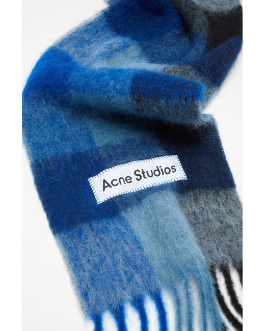 Acne Blue Checked Fringed-Edge Scarf for men