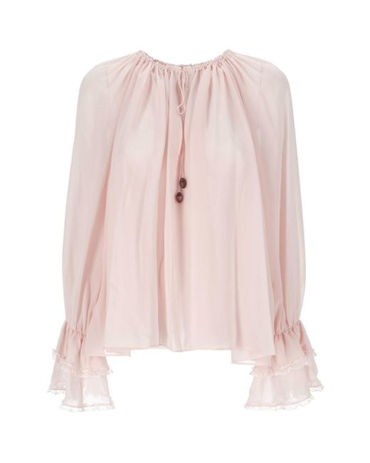 Chloé Pink Chloé Gathered V-Neck Drawstring Top