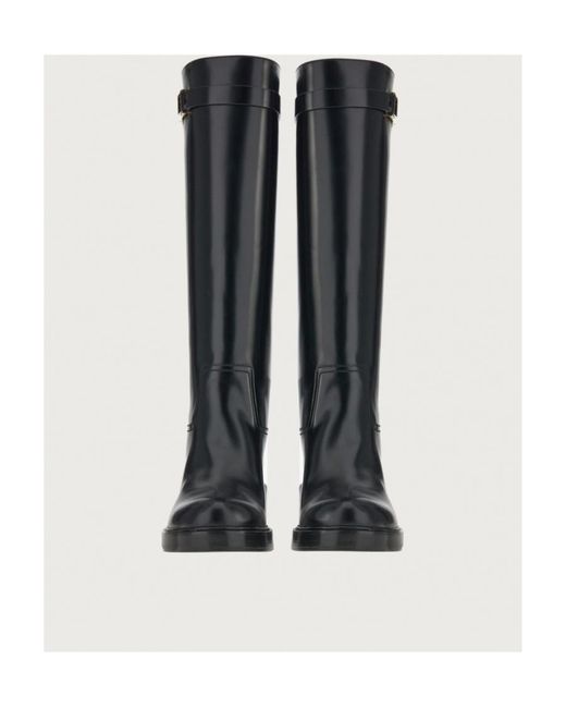 Ferragamo Black Gancini Round-Toe Knee Boots