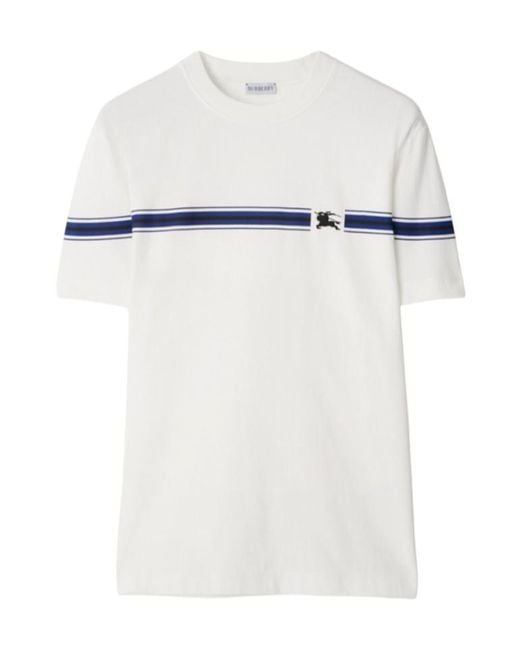 Burberry White Logo Embroidered Striped T-Shirt for men