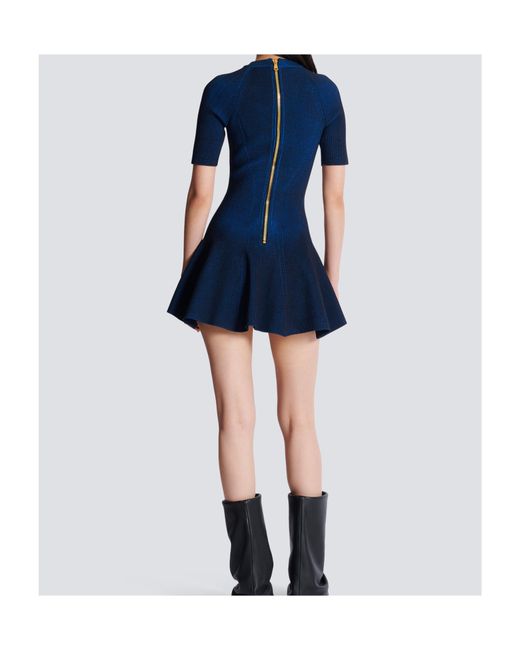 Balmain Blue Flared Hem Ribbed Mini Dress