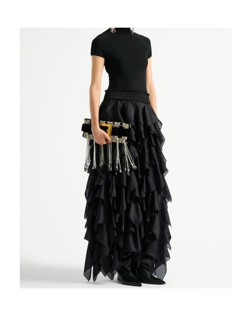 Balmain Black Silk Ruffled Maxi Skirt