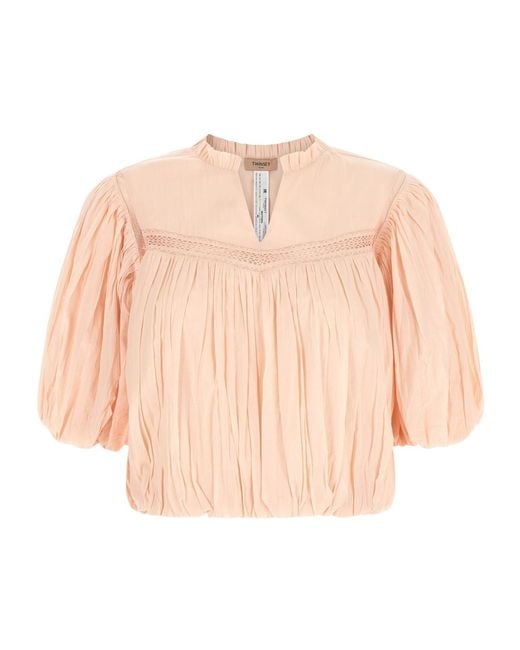 Twinset Natural Crinkled Lace Trim Blouse