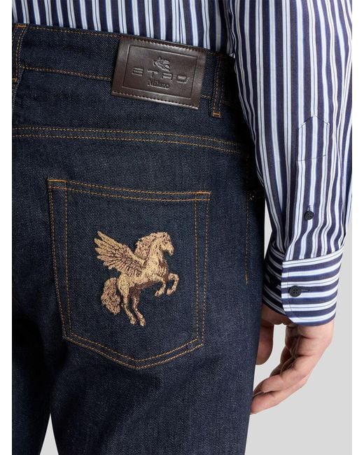 Etro Blue Regular-Fit Cotton Denim Jeans With Pegaso Embroidery for men