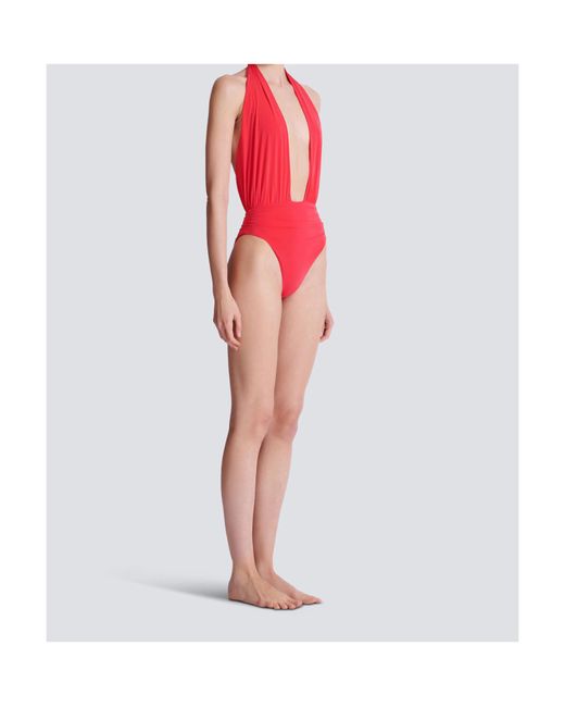 Balmain Red Plunge Halterneck Swimsuit