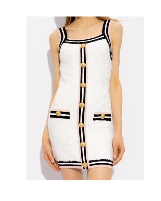 Balmain White Maze Monogram Sleeveless Mini Dress