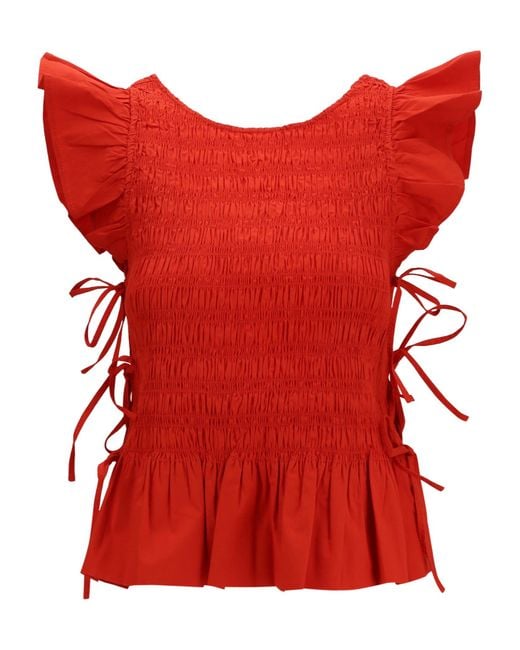 Ganni Red Smocked Peplum Tops