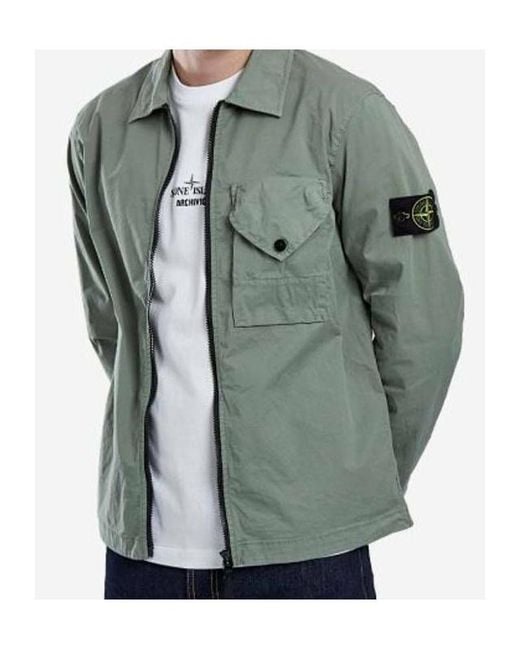 Stone Island Green Compass-Patch Zip-Up Shirt Jacket for men