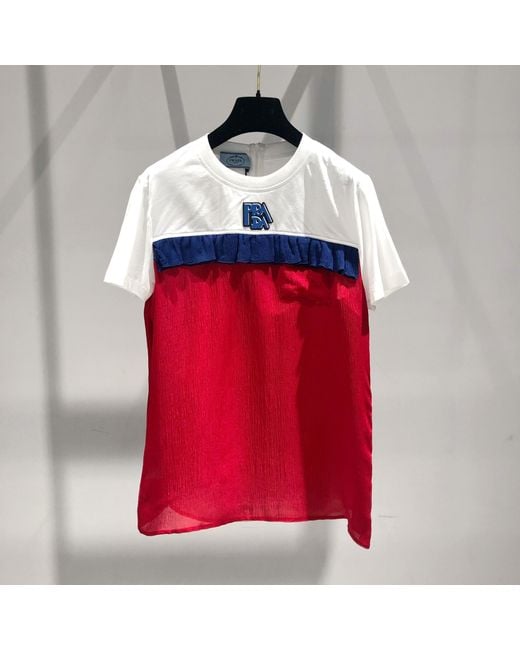 Prada Red Color Matching Design Lotus Leaf Edge T-Shirt