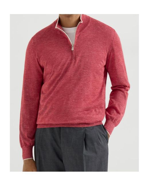 Brunello Cucinelli Red Half-Zip High-Neck Knitted Sweater for men