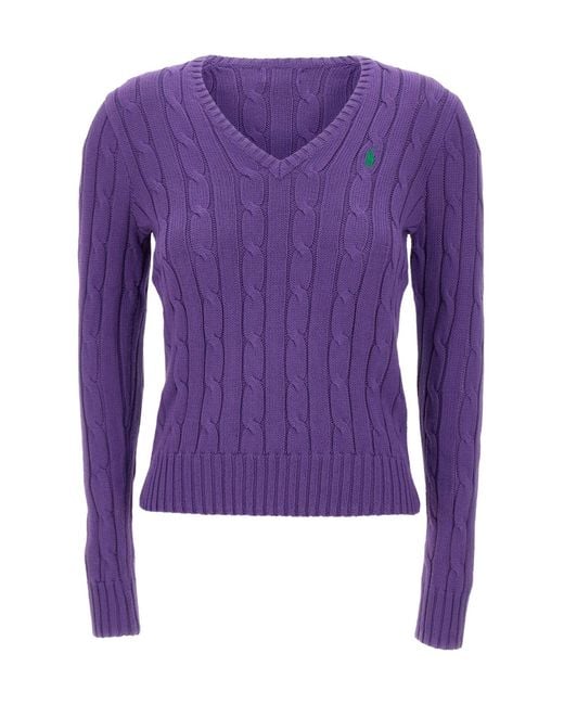 Polo Ralph Lauren Purple Cable-Knit V-Neck Knitted Sweater