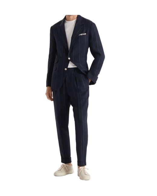 Brunello Cucinelli Blue Long-Sleeved Suit Jacket And Trousers Two-Piece Set for men