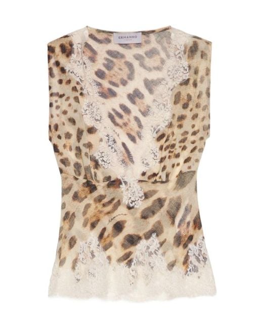ERMANNO FIRENZE Natural Lace Trim Animal Print Top