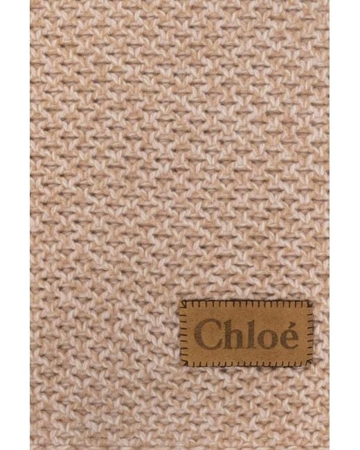 Chloé Natural Chloé Logo Patch Knitted Scarf