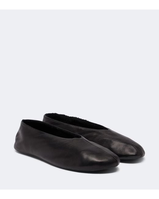 The Row Black Stella Shearling-Trimmed Leather Ballet Flats