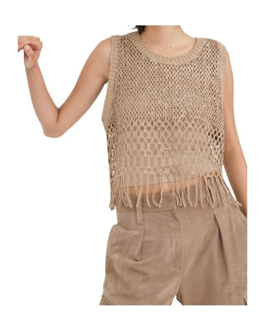 Brunello Cucinelli Natural Fringed Knit Cropped Top