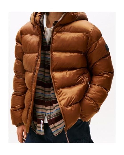 Tommy Hilfiger Brown Tonal Logo Hooded Puffer Jacket for men