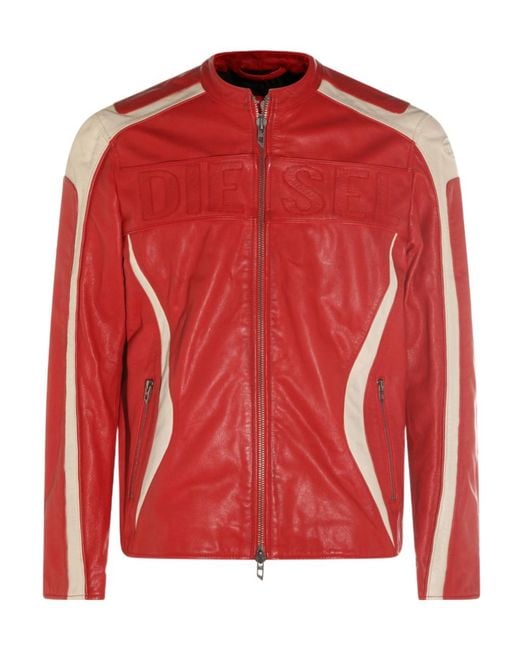 DIESEL Red Zip-Up Crewneck Leather Jacket for men