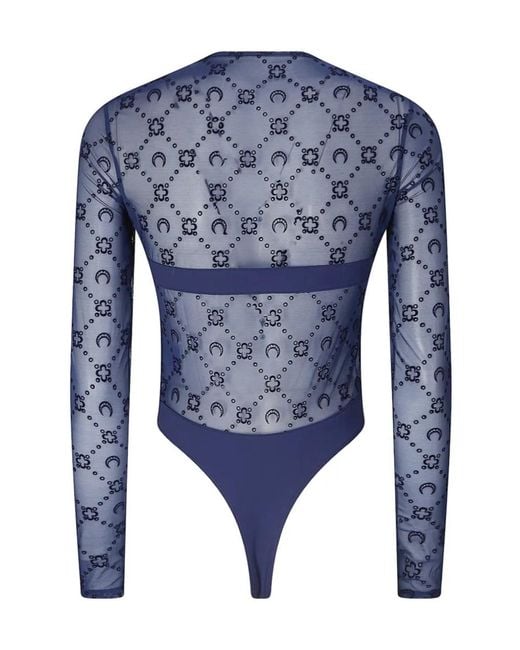 MARINE SERRE Blue Moonogram Flock-Print Mesh Bodysuit