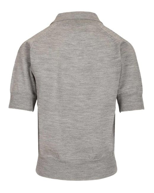AMI Gray Logo Embroidered Knitted Polo Top