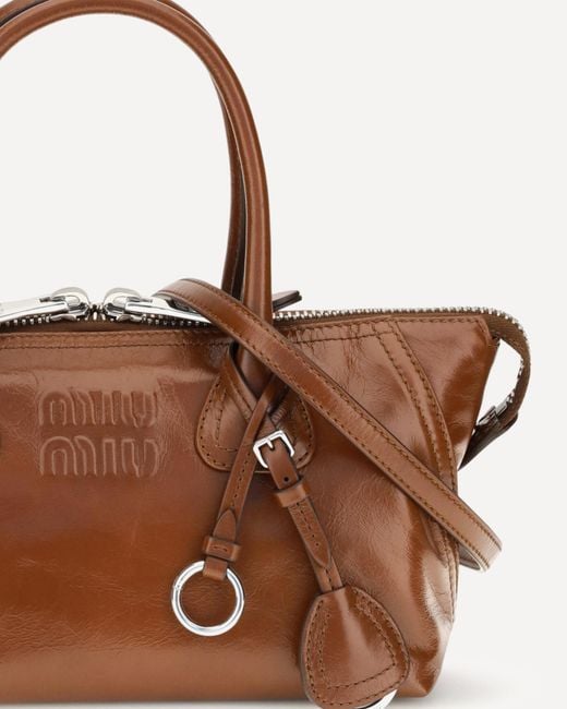 Miu Miu Brown Logo-Embossed Leather Tote Bag