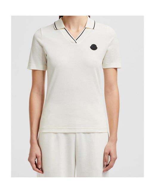 Moncler White Logo Patch Piquet Polo Shirt