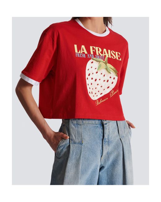 Balmain Red Cropped Strawberry T-Shirt
