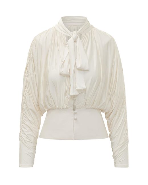 Self-Portrait White Tie-Neck T-Shirt Top