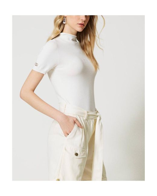 Twinset White Logo-Plaque Short-Sleeve Jumper