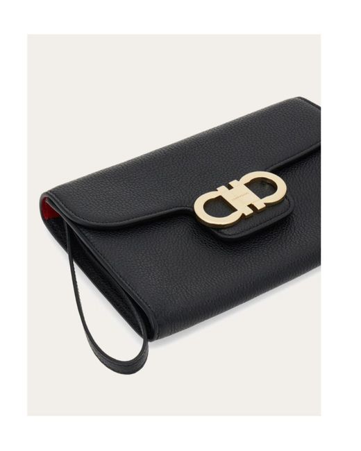 Ferragamo Black Double Gancini Clutch Bag