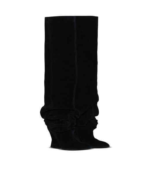 Balmain Black Suede Leather Wedge Thigh-High Boots