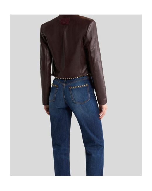 Etro Brown Cropped Leather Jacket With Studs