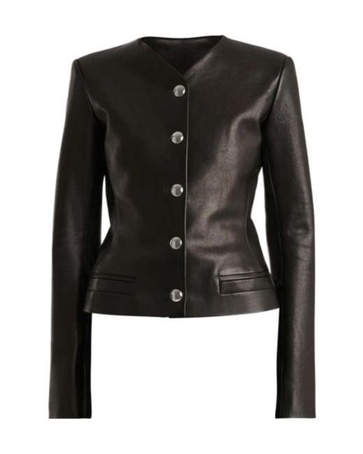 Khaite Black Collarless Motorcycle Leather Jacket