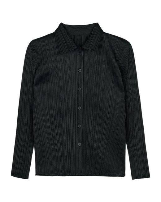 Pleats Please Issey Miyake Black Pleated Button-Down Shirt