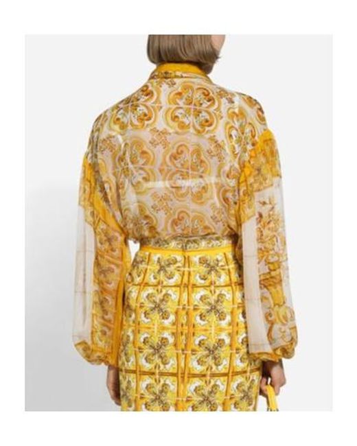 Dolce & Gabbana Yellow Chiffon Pussy-Bow Shirt With Majolica
