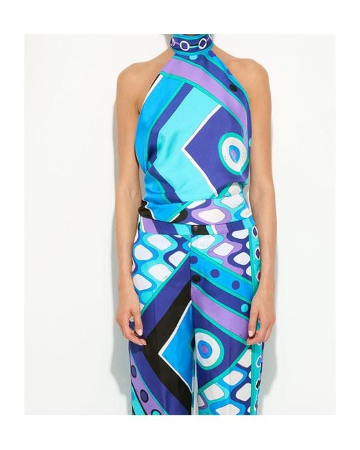 Emilio Pucci Blue Pucci Halterneck Printed Beach Top