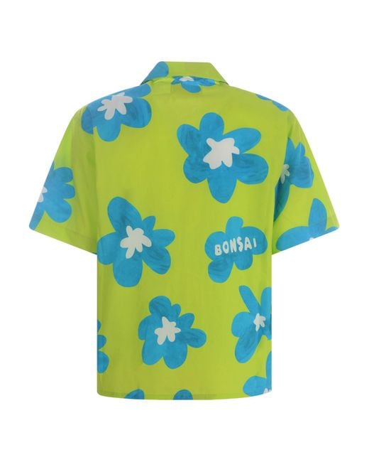 Bonsai Blue Floral Print Lime Bowling Shirt for men