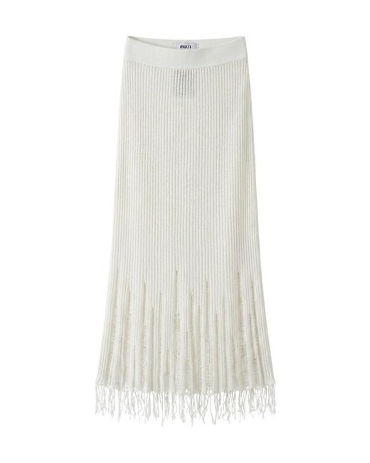 Uma Wang White Distressed Ribbed Knit Midi Skirt