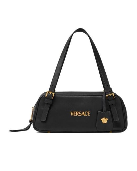 Versace Black Logo-Lettering Zipped Shoulder Bag