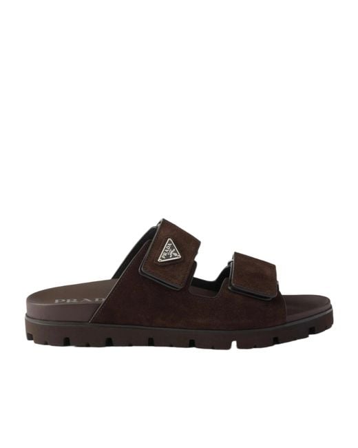Prada Brown Enamel-Triangle Slip-On Sandals for men