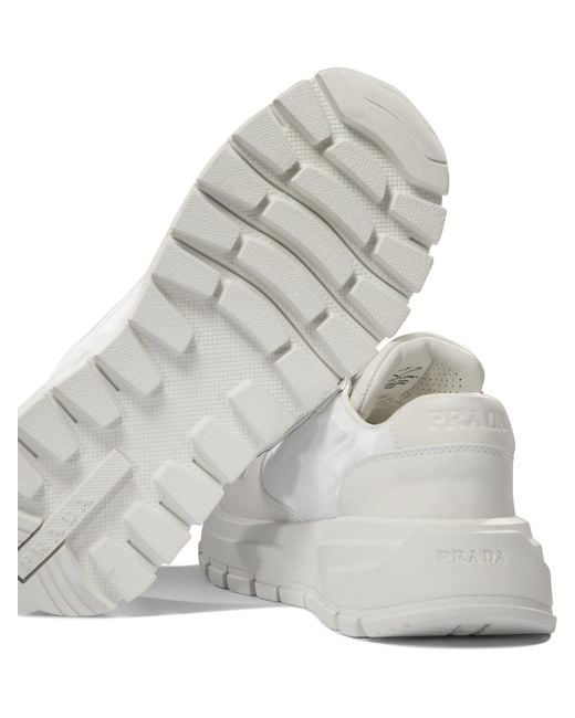 Prada White Triangle-Logo Round-Toe Lace-Up Sneakers