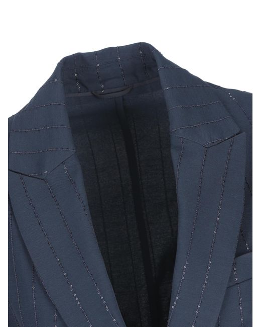 Brunello Cucinelli Blue Belted Chalkstripe Blazer