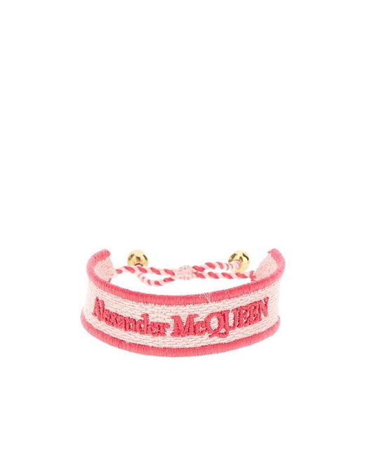 McQueen Pink Logo Embroidered Skull Bracelet