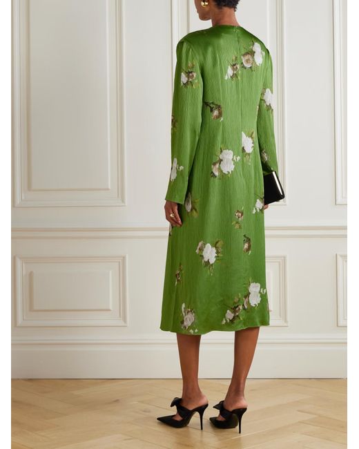Erdem Green Bow-Detailed Floral-Print Plissé-Satin Midi Dress