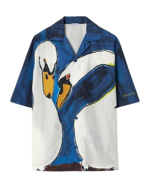 Burberry Blue Swan-Printed Short Sleeved Shirt for men