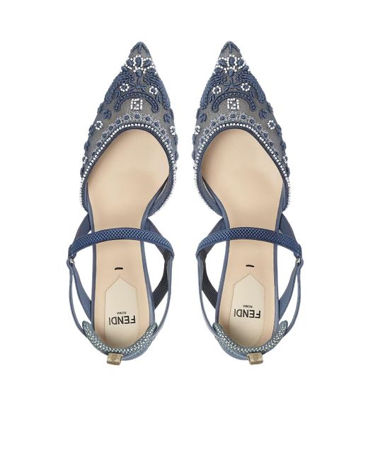 Fendi Blue Embroidered Mesh Medium-Heeled Slingbacks