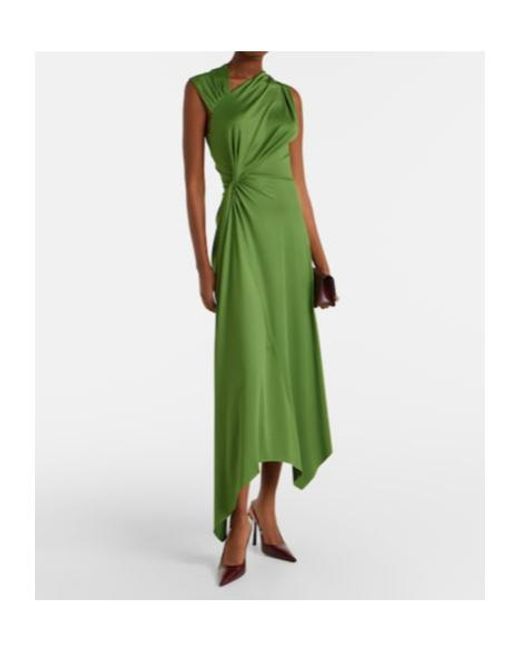 Victoria Beckham Green Asymmetric Gathered Jersey Midi Dress
