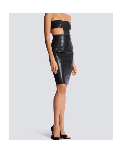Balmain Black Strapless Lambskin Dress
