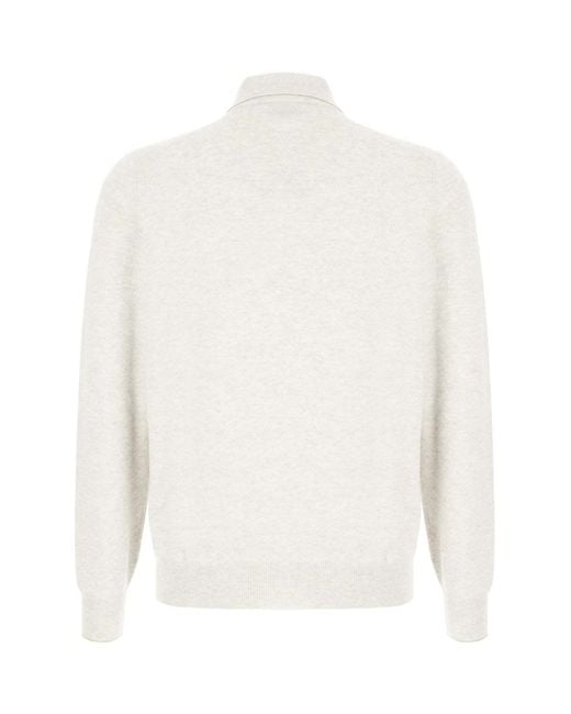 Brunello Cucinelli White Long Sleeved Knitted Polo Shirt for men