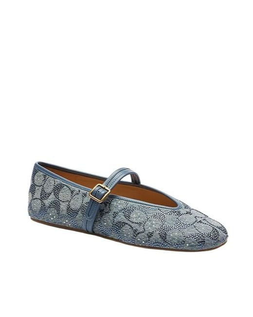 COACH Blue Mary Jane Crystal-Embellished Buckle-Strap Ballet Flats